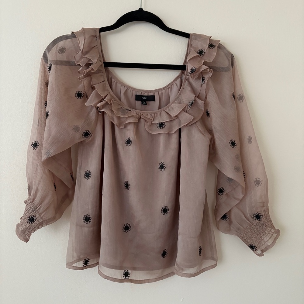 FATE Ruffle Blouse Flower Embroidery Shirt